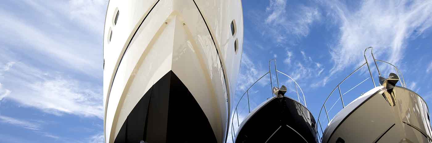 Boats lined up outside at a boat show