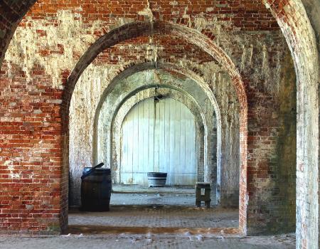 An entrance door to the Fort Morgan State Historic Site